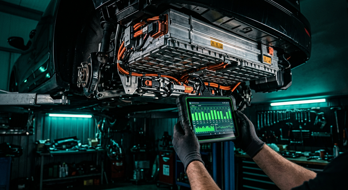 Technician testing an EV high-voltage battery pack with a diagnostic tool