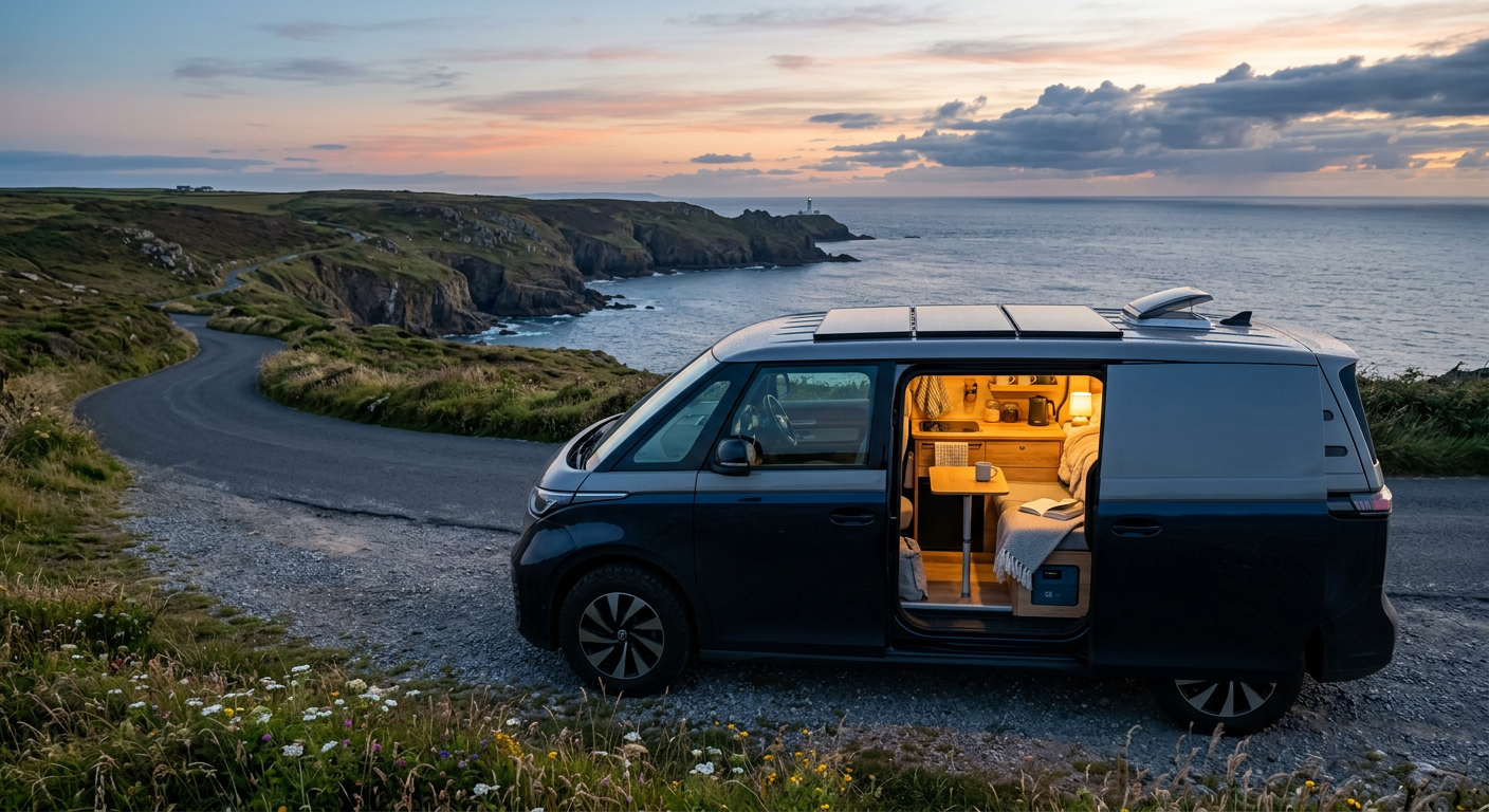 Electric camper van parked on a coastal road with its side door open