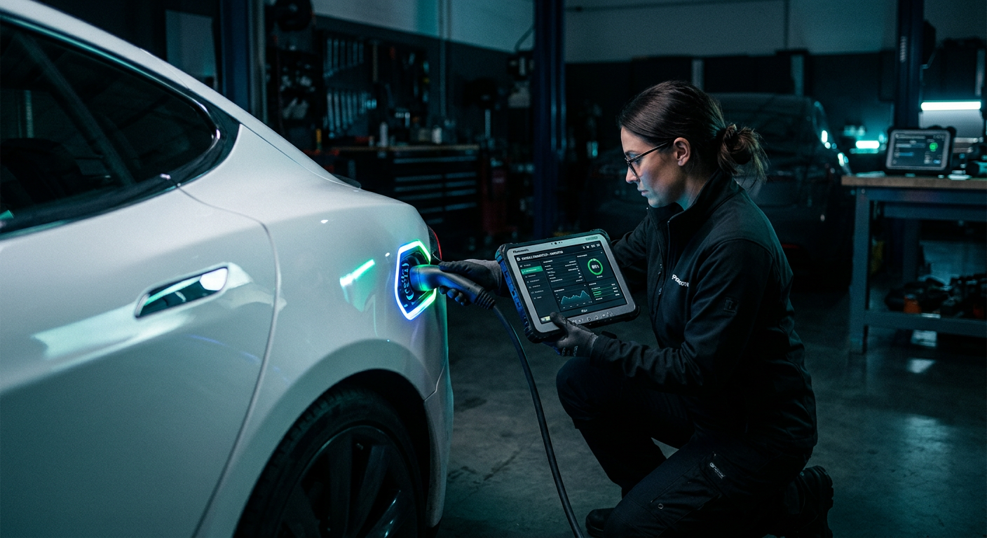 VoltCheck technician connecting a diagnostic tablet to an electric car